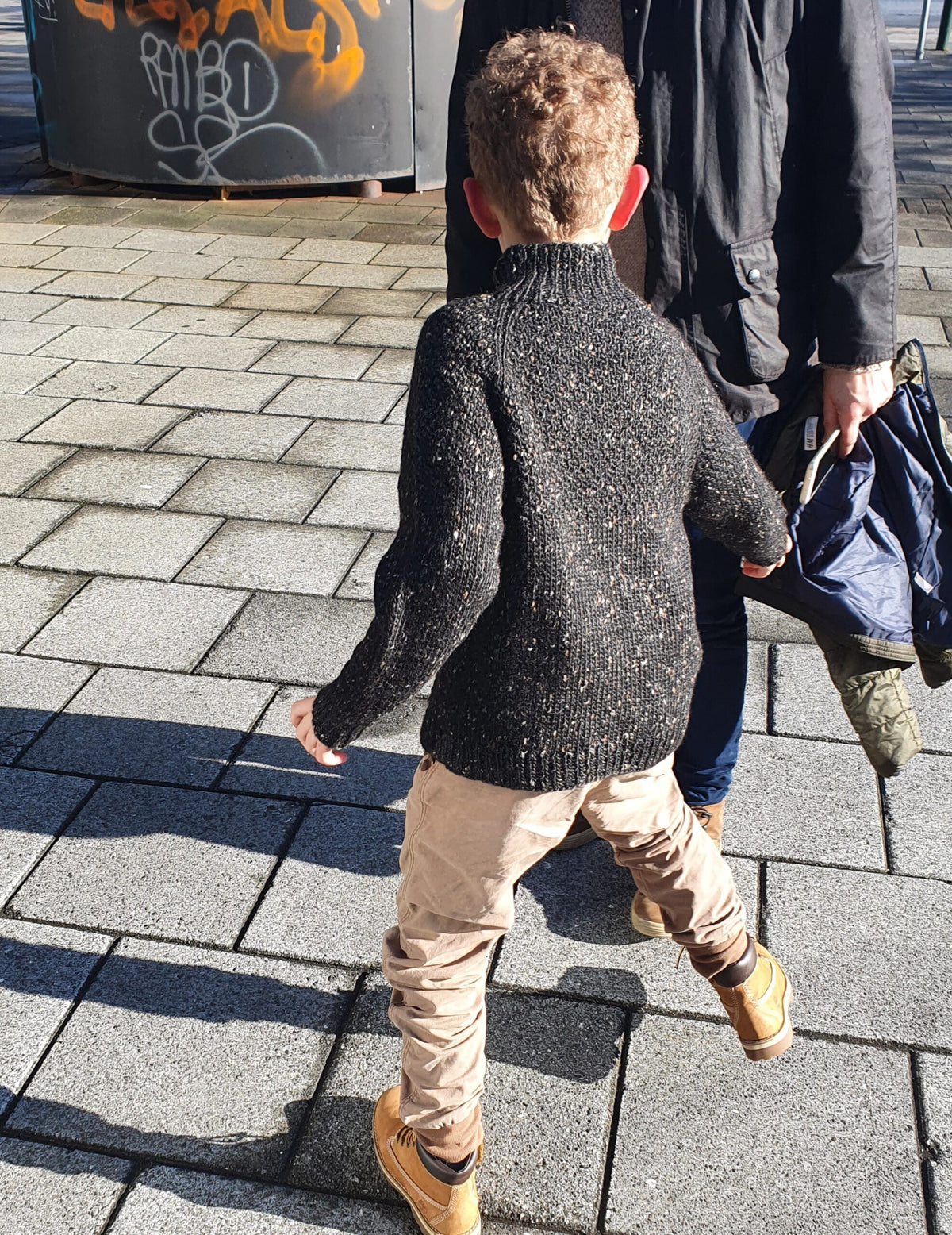Boy wearing textured yoke raglan knitted sweater Duggari
