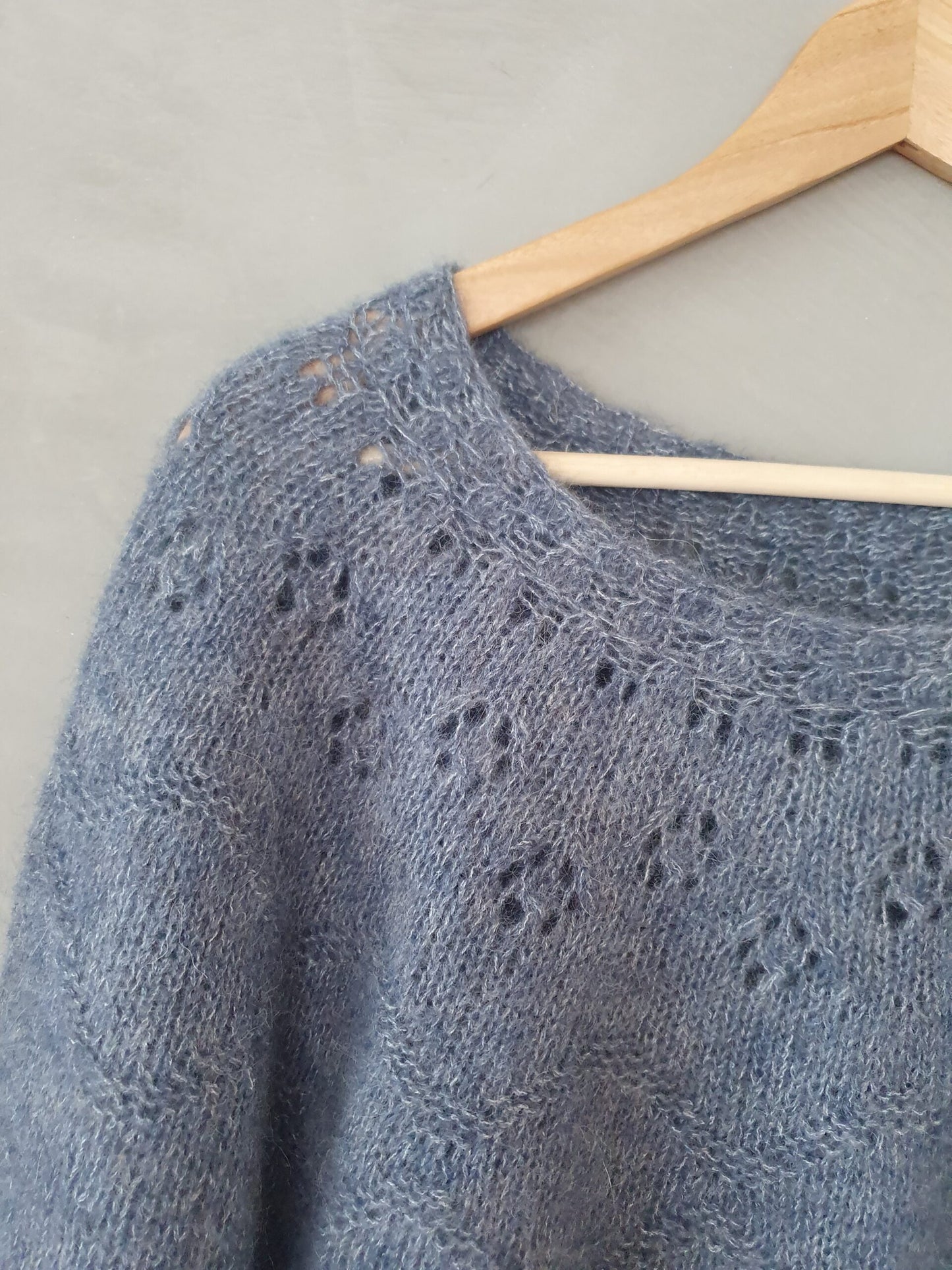 Close-up of textured circular yoke on the Embla Sweater knitting pattern