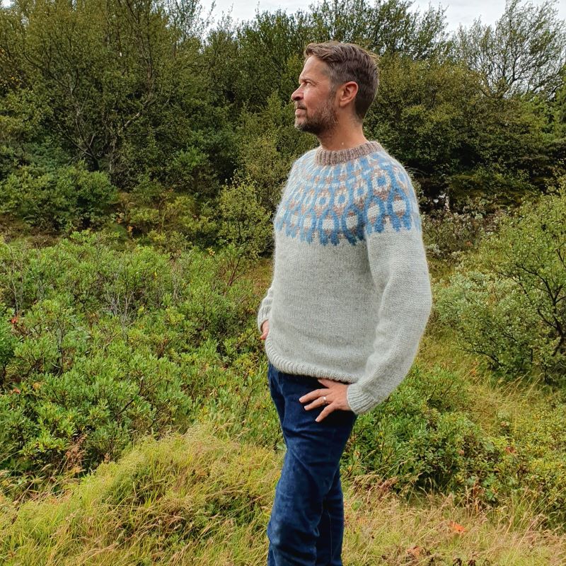 A person standing outdoors wearing a gray, handknitted Icelandic lopapeysa sweater with a brown and blue geometric pattern, including a round neckline and long sleeves.